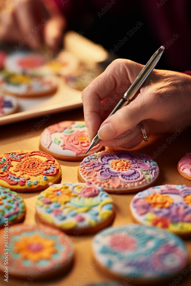 Aufkleber  A confectioner meticulously icing and decorating sugar cookies with intricate designs and patterns, demonstrating precision and artistry.  Generative AI technology.
