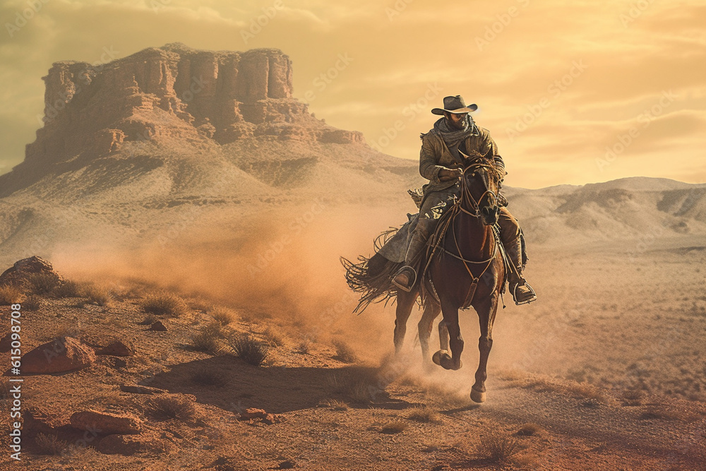 Poster an artistic representation of a bandit on horseback, riding through a dusty desert landscape, evokin