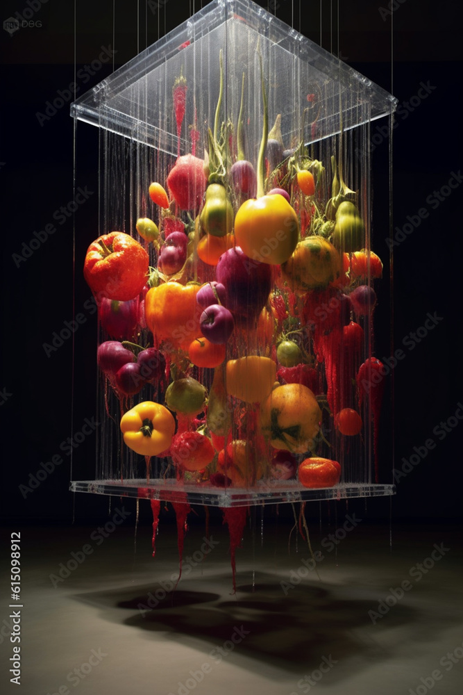 Poster  An abstract installation artwork that uses suspended or floating fruit-like objects, combining materials like wire, fabric,  Generative AI technology.