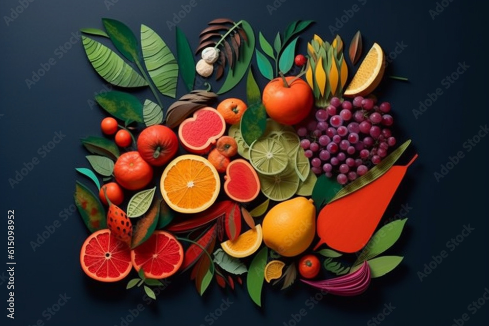 Poster an abstract paper-cut artwork with intricate and delicate designs depicting fruits, generative ai te