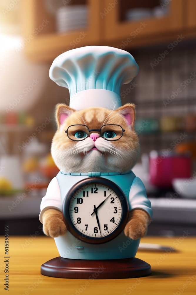 Poster  A cat baker-themed kitchen timer in the shape of a cat wearing a chef's hat.  Generative AI technology.