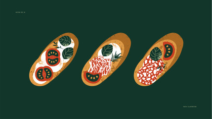 Italian bruschetta. Bread with tomatoes with basil and meat. Textured retro illustration. Vector illustration