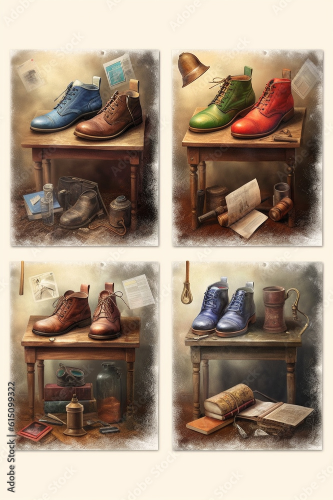 Poster a set of shoemaker-themed greeting cards with illustrations of shoemaking processes and heartfelt me