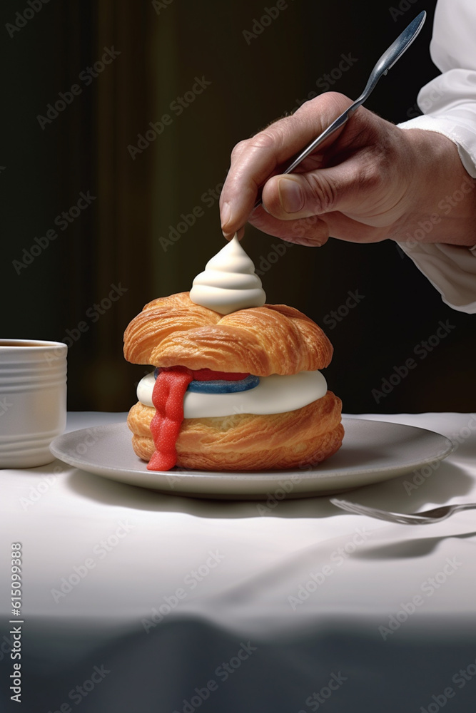 Poster piping cream into an éclair shell, with precise lines and a glossy finish, showcasing their expertis