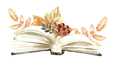 open rot in a brown cover with white pages lies surrounded by autumn orange rowan leaves and a branch of red rowan berries. hand-drawn watercolor illustration on a white background for your design