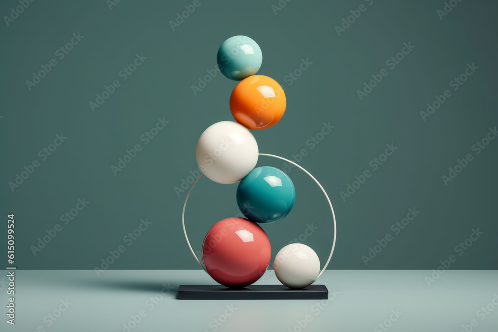 Poster  A minimalist geometric sculpture consisting of interlocking spheres, representing harmony and unity in its precise and balanced composition. Generative AI technology.