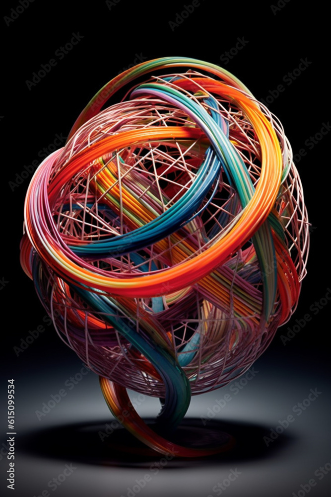 Aufkleber  A series of geometric sculptures featuring intricate wirework, with intersecting lines and geometric forms creating a sense of movement and kinetic energy.  Generative AI technology.