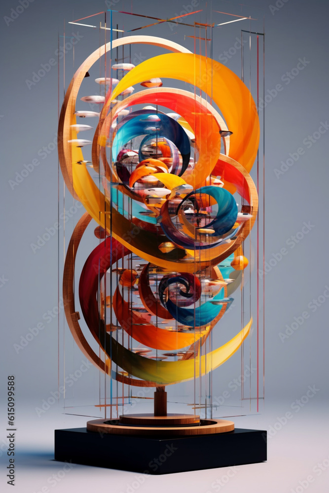 Aufkleber  An abstract kinetic sculpture with moving geometric elements, creating an ever-changing composition and capturing the viewer's attention with its dynamic presence.  Generative AI technology.