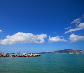 Beach of Zakynthos island. Sunny spring seascape of the Ionian Sea, Greece, Europe.