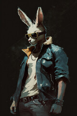 Rabbit in sunglasses and jacket. Digital art. Generative AI.
