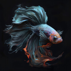Fototapeta premium Siamese fighting fish on a black background. Digital art. Generative AI.