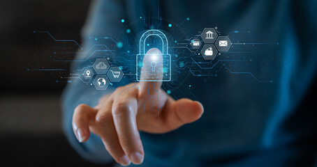 Hand touching screen security scanning protect, technology digital program futuristic, finger scanning, privacy, password, cyber security, cloud online technology to protect IT lock icon.security