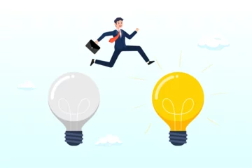 Fotobehang Smart businessman jump from old to new shiny light bulb idea, business transformation, change management or transition to better innovative company, improvement and adaptation to new normal (Vector) © Art of Ngu