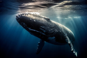 Humpback Whale underwater near the Surface in Blue Water. Amazing Wildlife. Generative Ai