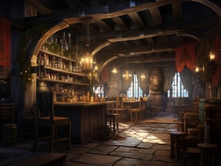 Fototapeta na wymiar Spacious, Well-Stocked Medieval Tavern Setting Interior Fantasy RPG Illustration