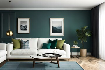 Fototapeta na wymiar 3D Mockup canvas frame in dark green home interior with sofa, fur, table and branch in vase , created with AI