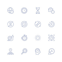 Time line icon set on transparent background with editable stroke. Containing time zone, time, hourglass, job, process, remain, snail, stopwatch, sun, target.