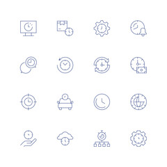 Time line icon set on transparent background with editable stroke. Containing lag, lead time, time, response, return to the past, target, taxi, time lapse, time zone, time management.