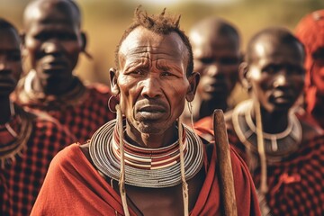 Members of the Maasai tribe in their distinctive attire and engaging in traditional activities, providing a glimpse into their customs, rituals, and way of life. Generative AI - obrazy, fototapety, plakaty
