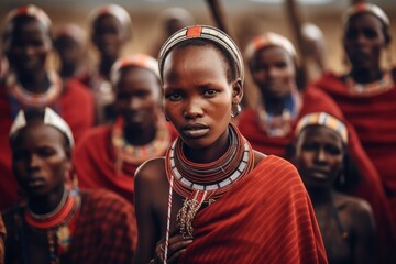 Members of the Maasai tribe in their distinctive attire and engaging in traditional activities, providing a glimpse into their customs, rituals, and way of life. Generative AI - obrazy, fototapety, plakaty