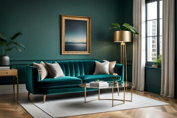 3D Mockup canvas frame in dark green home interior with sofa, fur, table and branch in vase , created with AI