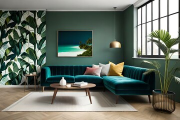 3D Mockup canvas frame in dark green home interior with sofa, fur, table and branch in vase , created with AI