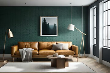 3D Mockup canvas frame in dark green home interior with sofa, fur, table and branch in vase , created with AI