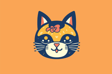 Cute cat face vector illustration in flat cartoon style. Isolated on orange background.