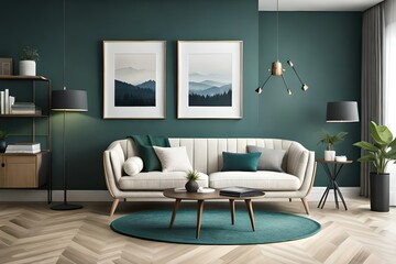 3D Mockup canvas frame in dark green home interior with sofa, fur, table and branch in vase , created with AI