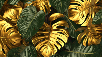 Obraz na płótnie Canvas Golden leaves of tropical plants bush monstera