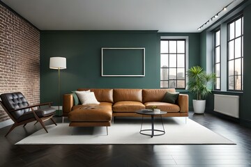 Naklejka na ściany i meble 3D Mockup canvas frame in dark green home interior with sofa, fur, table and branch in vase , created with AI