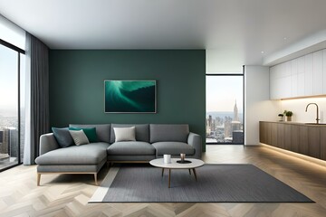 3D Mockup canvas frame in dark green home interior with sofa, fur, table and branch in vase , created with AI