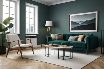 3D Mockup canvas frame in dark green home interior with sofa, fur, table and branch in vase , created with AI