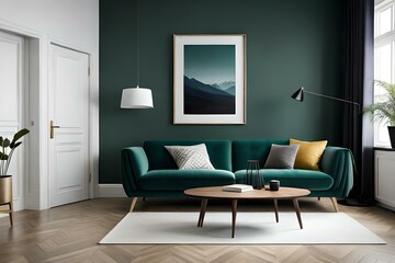 Naklejka na ściany i meble 3D Mockup canvas frame in dark green home interior with sofa, fur, table and branch in vase , created with AI