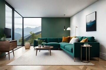3D Mockup canvas frame in dark green home interior with sofa, fur, table and branch in vase , created with AI