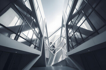 Obraz premium This image is a stunning representation of a building, an abstract minimal architecture structure. It features many windows with geometric shapes, a monochromatic color palette, and clean lines.