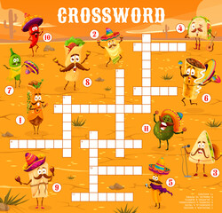 Fototapeta premium Crossword quiz game grid with mexican food characters. Find a word vector worksheet with enchilada, nachos, quesadilla, tacos, churros and chimichanga. Jalapeno pepper, burrito, tamales and avocado