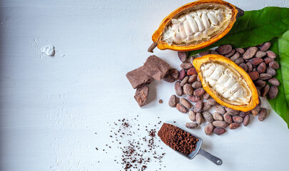 Top view of cut in half cacao pods with white cocoa seed and brown cocoa powder on white background