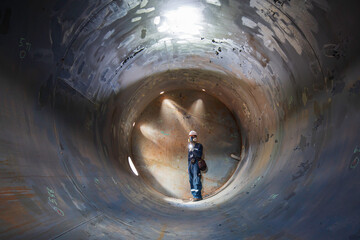 Working male inspection weld underground of equipment tunnel - obrazy, fototapety, plakaty