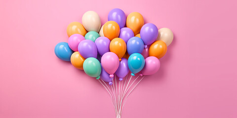 A lot of colorful balloons on a pink banner, the concept of a holiday, event, birthday, opening ceremony