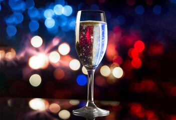 A flute glass of French champagne on a multi-colored blurred background of lights in the colors of the French flag, Bastille Day and French National Day 14 July concept