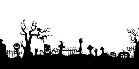 Fototapeta na wymiar Halloween cemetery silhouette with pumpkins and zombie. Vector creepy graveyard with monster hand stick up from the tombs. Trees, crow, fence and jack lantern on white background, necropolis landscape