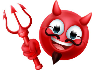 A red devil or satan emoji emoticon man face holding a trident, pitchfork or pitch fork cartoon icon mascot.