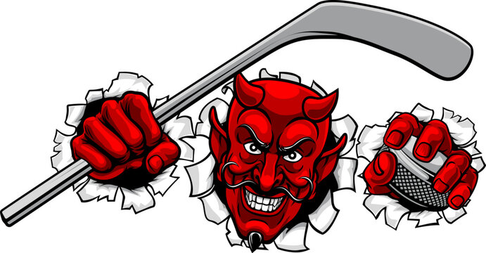 A devil or satan ice hockey sports mascot cartoon character holding a puck and stick