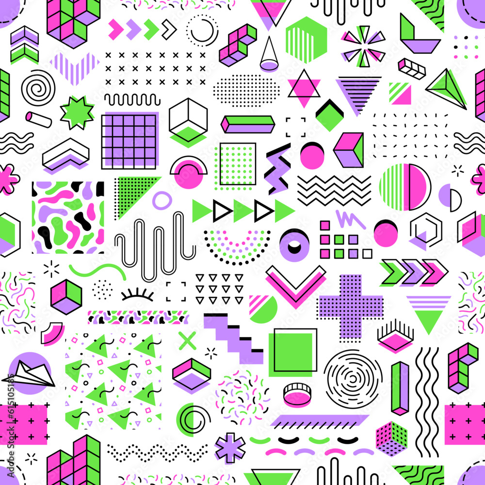 Poster memphis geometric shapes seamless pattern with abstract line elements, bright circles, triangles and