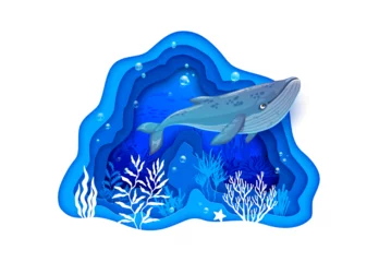 Papier Peint photo Chambre denfants Cartoon sea paper cut landscape with whale. Underwater papercut banner features a charming animal amidst a serene underwater landscape with corals, bubbles and rocks depicted in intricate paper art
