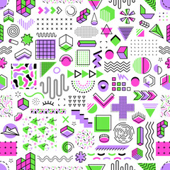 Memphis geometric shapes seamless pattern with abstract line elements, bright circles, triangles and squares. Vector background with doodle ornament of green, pink and purple dots, waves and arrows