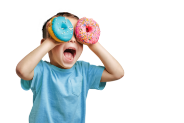 Happy cute boy is having fun played with donuts on png background. Bright photo of a child.