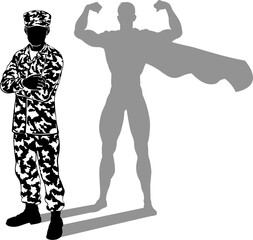 A super hero military army soldier man in silhouette. Revealed to be a superhero by his shadow.