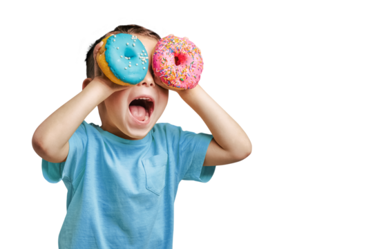 Happy cute boy is having fun played with donuts on png background. Bright photo of a child.